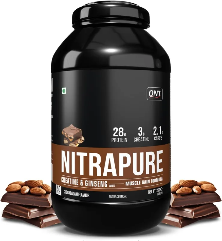 QNT Nitrapure, Blend of Whey Isolate & Concentrate | 2kg, Choco Badam | Enriched with Ashwagandha, Ginseng & Tribulus | Best Whey Protein for Muscle Gain | 28g Protein, 3g Creatine (per scoop)