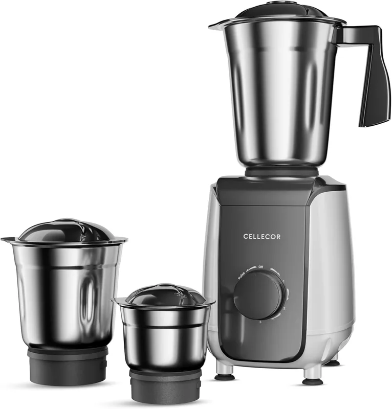 Cellecor CMG60WH 600W Mixer Grinder | 3 Speed Control | Durable Stainless Steel Jars | 6 Stainless Steel Blades | 1.2 Extra Long Wire | Smart Vent Design (White-Black)