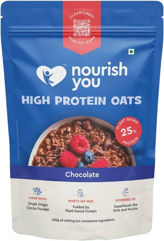 25g High Protein Chocolate Oats by Nourish You - 400g Plant Based Protein | Made with Rolled Oats , Cocoa Powder , Almonds ,Raisins & Soy Protein | High Protein Oatmeal Breakfast Cereal | 11g Fibre |Weight management, No preservatives , No artificial Flavours