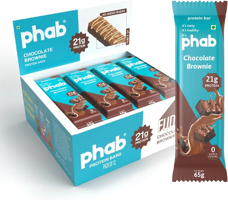 Phab Protein Bars Chocolate Brownie with 21g Protein, 8g High Fibre & 0 Added Sugar 100% Vegetarian | Healthy & Tasty Protein bar | Trans Fat-Free & No Preservatives Protein bars (Pack of 12 x 65g)