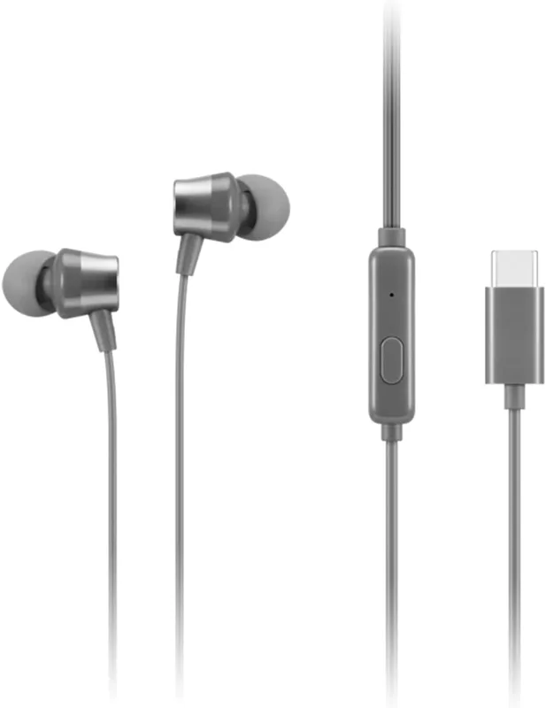 Lenovo - 300 Wired in-Ear USB-C Earphone - in-Line Microphone - USB-C Connectivity - Play & Pause Button - 3 Sizes Silicone Ear Tips Included, Grey