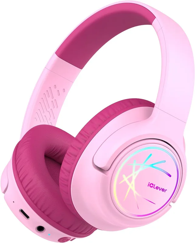 iClever Kids Bluetooth On Ear Headphones With Led Lights, Bth18 Safe Volume 74/85/94Dba, 43H Playtime, Bluetooth5.3 Kids Headphones Wireless For Travel,Pink