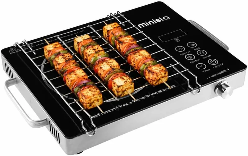Minista 2200W Infrared Induction Cooktop Stove With Grill Rack, Suitable for All Cookware, Premium Glass Top,Touch Control, Digital Display,Timer, 4 cooking modes, Auto Shut Off, 1 Year Warranty Black