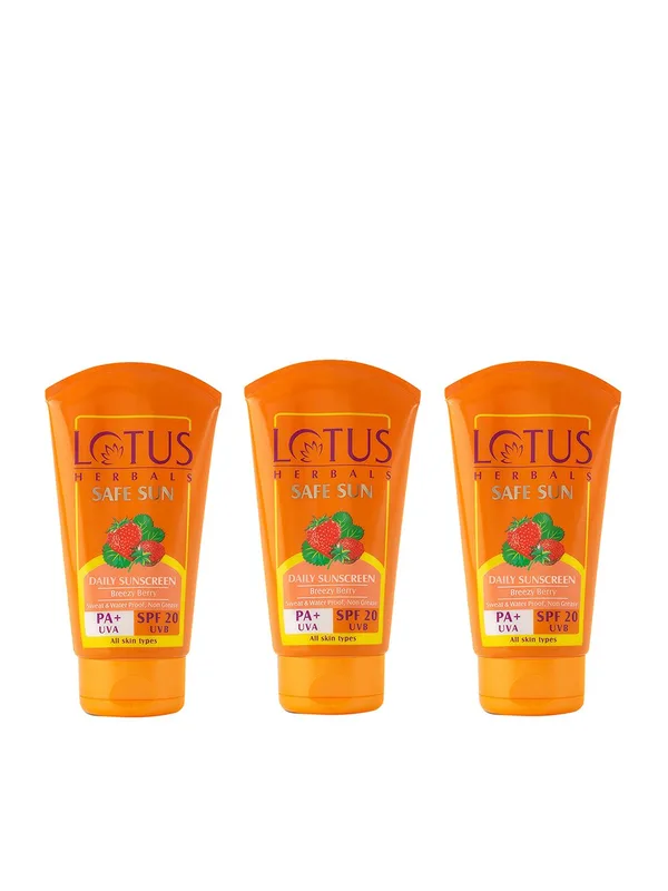 Lotus Herbals Set Of 3 Safe Sun SPF 20 PA+ Breezy Berry Sunscreen - 50g Each