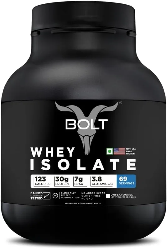 Bolt 100% Whey Isolate Powder | 28g Protein Per Scoop, 7G BCAA | Unflavor | 69 Servings | 5lb,2.268kg | Muscle Recovery | Lean Muscle Support | Fast Absorption | Gluten-Free | Easy to Digest