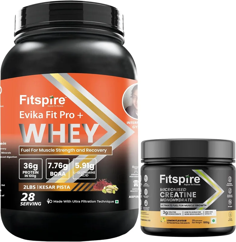 Fitspire Evika Fit Kesar Pista Whey Protein Powder 2 Lbs (36g Protein Per 100g) with Lemon Monohydrate Creatine | BCAAs & Probiotics | Vitamins/Minerals Enriched Formula