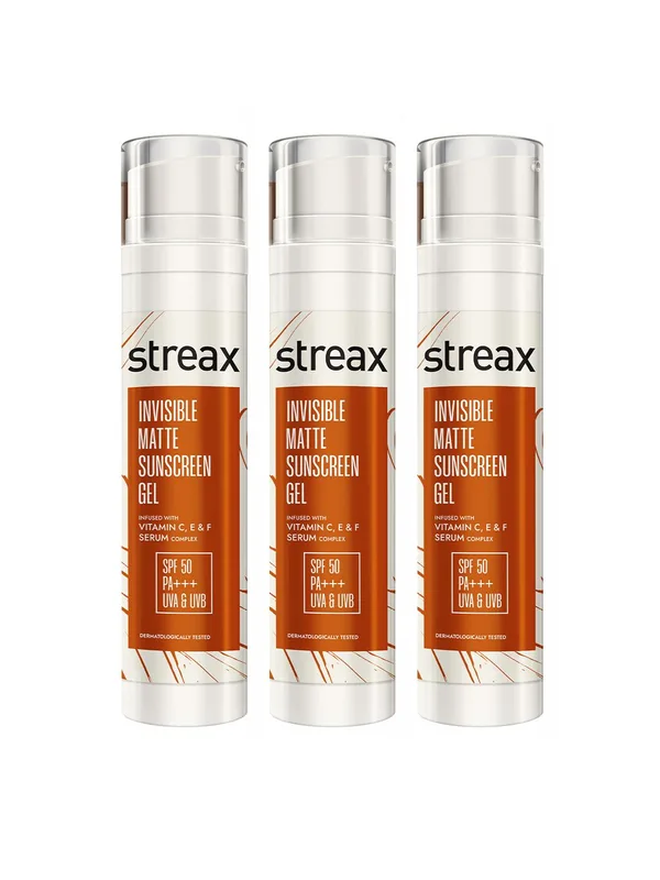 Streax Set of 3 Water Resistant SPF50 PA+++ Invisible Matte Sunscreen Gel - 50 g Each