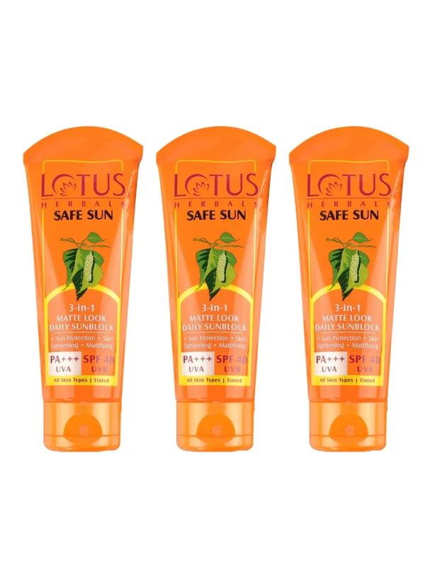 Lotus Herbals 3Pcs Safe Sun 3-in-1 Matte SPF40 PA+++ Tinted Sunscreen - 75g each