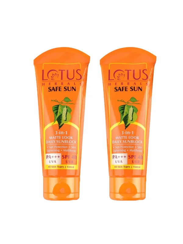 Lotus Herbals 2Pcs Safe Sun 3-in-1 Matte SPF40 PA+++ Tinted Sunscreen - 75g each