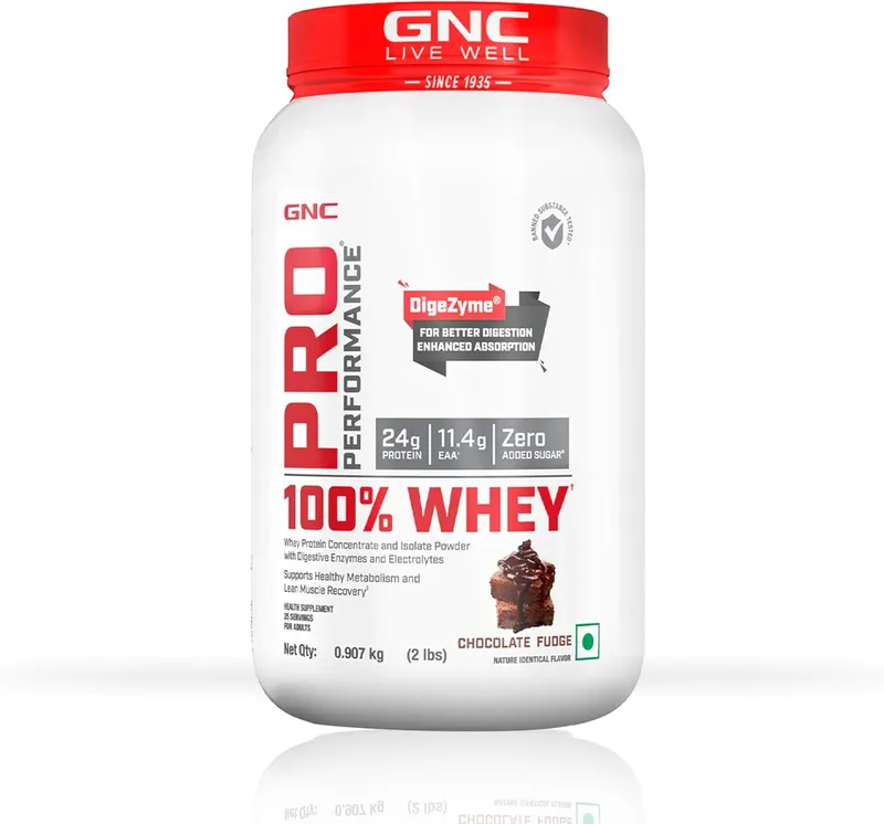 GNC Pro Performance 100% Whey Protein | 2 lbs | Muscle Growth | Muscle Recovery | DigeZyme® For Easy Digestion | Informed Choice Certified | 24g Protein | 5.5g BCAA | Chocolate Fudge | 907 gm