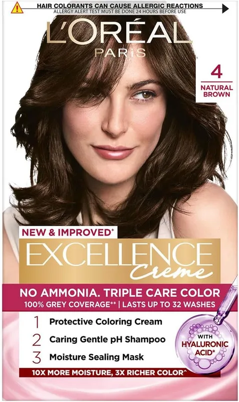 L'Oreal Paris Excellence Creme Hair Color, 4 Natural Brown, 72ml+100g