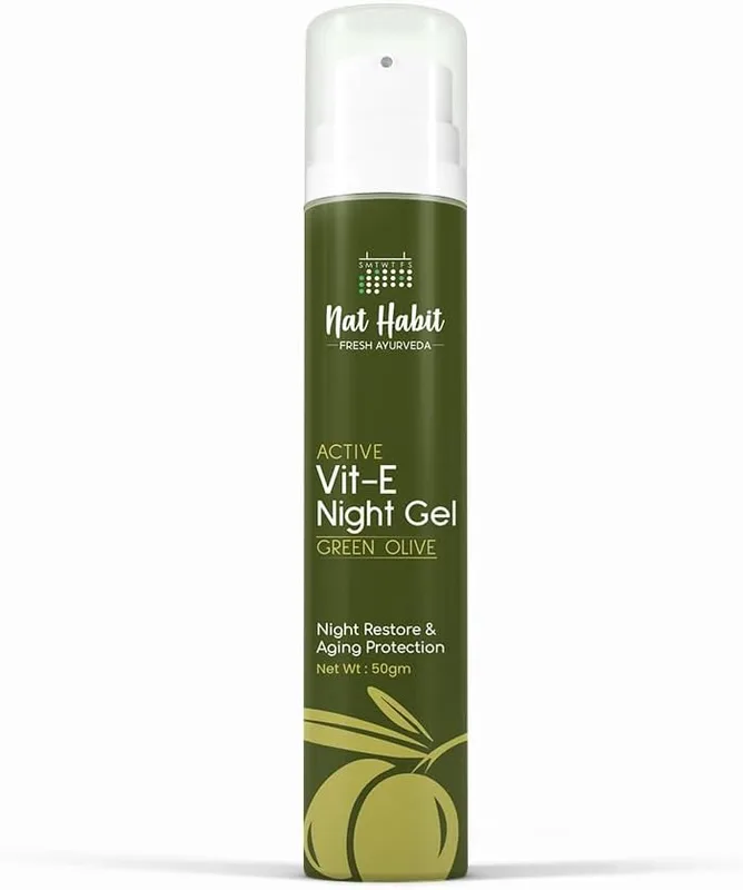 Nat Habit Active Face Gel, Olive Vit-E For Night Restore & Aging Protection With Cooling, Soothing, Sun Burn Healing & UV Protection, Suitable For All Skin Types, 50gm