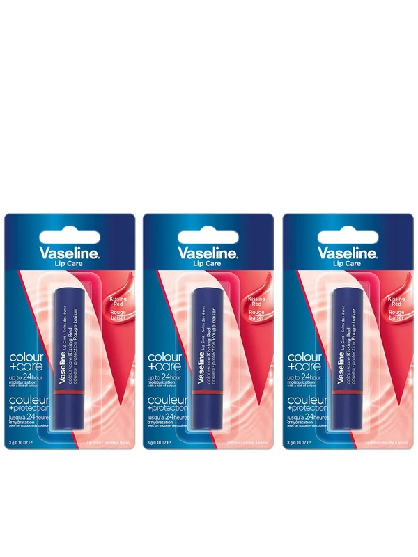 Vaseline Set of 3 Colour+Care Tinted Lip Balm Stick with Shea Butter 3g Each - Kissing Red
