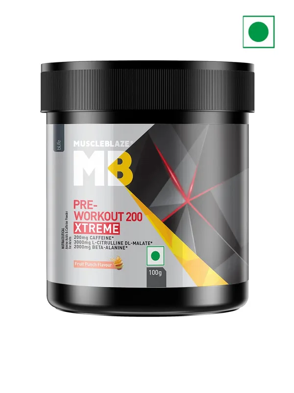 MuscleBlaze Pre Workout 200 Xtreme 200mg Caffeine & 200mg Theanine Fruit Punch- 100 g