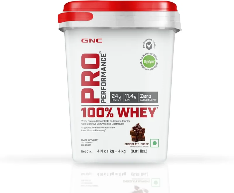 GNC Pro Performance 100% Whey Protein Powder | 8.8 Lbs : 4 KG (1 KG X 4 Pouches) + Bucket | 24g Protein Chocolate Fudge | 5.5g BCAA | Boosts Strength & Endurance | Builds Lean Muscles | Fastens Muscle Recovery | Formulated In USA