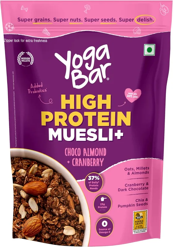 Yogabar High Protein Muesli 850g | 23g per 100g Protein | Choco Almond & Cranberry | Easy on gut