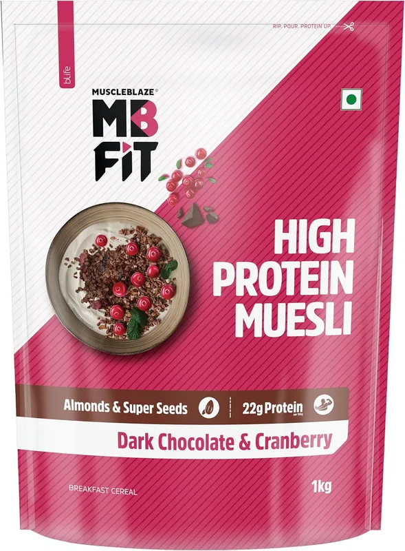 MuscleBlaze Fit High Protein Muesli (1kg, Dark Chocolate & Cranberry) | 22g Protein | With Raisins, Almonds & Super Seeds,High Protein Breakfast Cereals