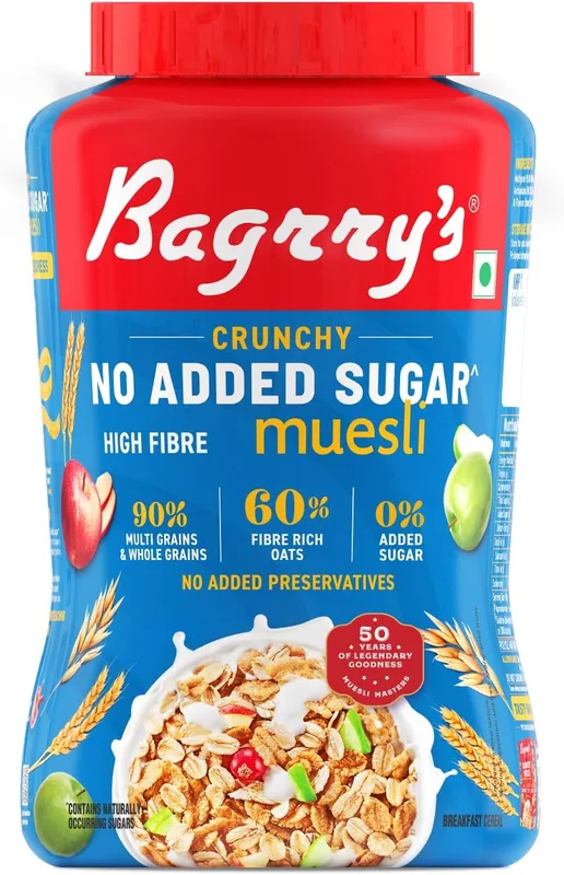 Bagrry’s No Added Sugar Muesli 1kg Jar | 0% Added Sugar | 90% Whole Grains | High Fibre & Protein | Plant-Based Breakfast Cereal | No Nuts, No Corn Flakes | Ideal for Diabetics & Weight Management | No Preservatives