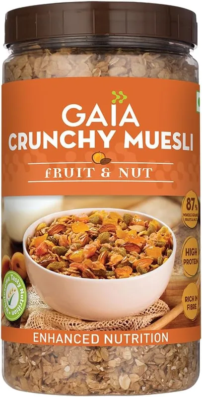 Gaia Crunchy Muesli Fruit and Nuts a Mix of Wholesome Breakfast Cereals Packed with Fibre, Iron and Antioxidants Serves As the Nourishing, Tasty Breakfast Option. 1KG Jar Pack