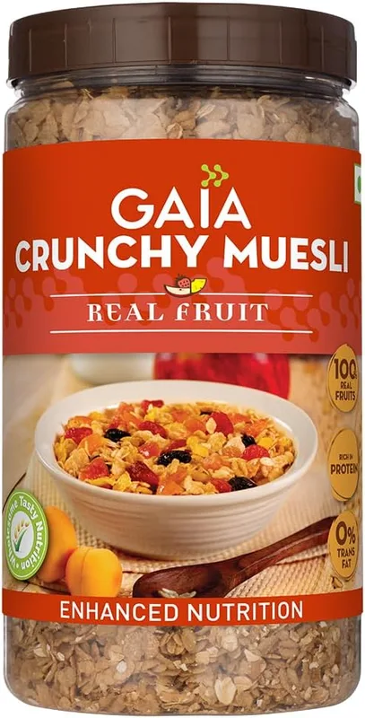 GAIA Crunchy Real Fruit Muesli 1Kg Jar - The Deliciously Crunchy And Nutritious Breakfast Cereals| The Perfect Blend Of Crunch, Fiber-Rich Oats, Nuts, And Real Fruits