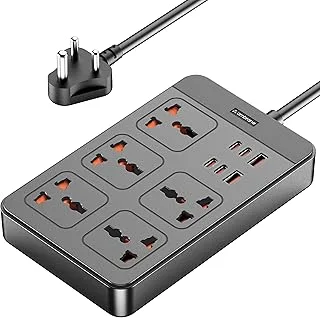 Ambrane Extension Board, 4 Type C, 2 USB, 5 International Power Sockets, 2500W Output, Long Cable, Wall Mount Option, Supports Laptop Charging for Office, Home Appliances (SmartStrip 2 Pro, Black)