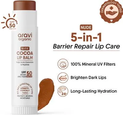 Aravi Organic Nude Cocoa Lip Balm SPF 50 PA++++ for Pigmented Lips | Kojic Acid & Ceramide Nude