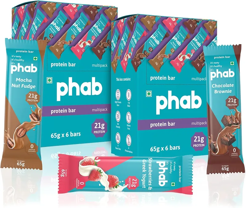 Phab Assorted Protein Bar with 21g Protein, 8g High Fibre & 0 Added Sugar 100% Vegetarian | Healthy & Tasty Protein bars | Trans Fat-Free & No Preservatives Protein bars (Pack of 12 x 65g)