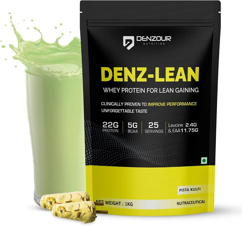 DENZOUR NUTRITION Denz-Lean Whey Protein - Pista Kulfi, 1Kg (25 Servings) | For Lean Muscle Gains | 22g Protein, 5g BCAA | 11.75g EAA & 2.4g Leucine Faster Muscle Recovery & Improved Strength