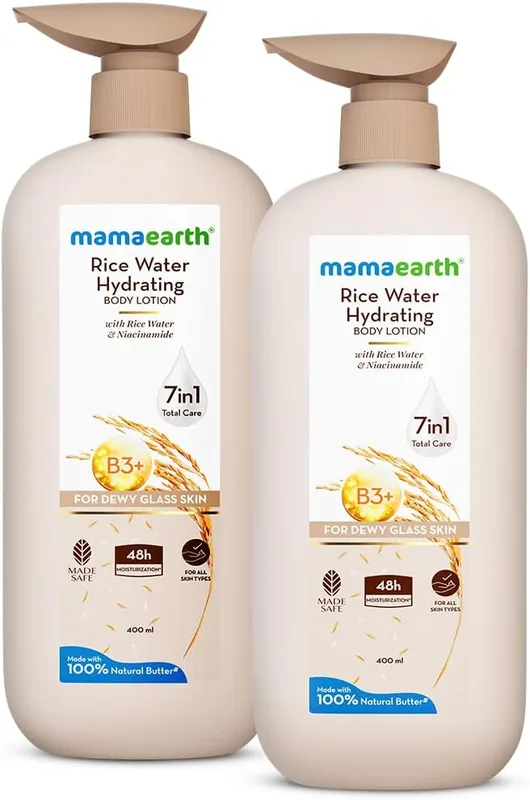 Mamaearth Rice Water Hydrating Body Lotion with Rice Water & Niacinamide for Dewy Glass Skin 400ml | 48H Moisturization | For Dry Skin | Nourishes Skin | 7in1 Total Care | 100% Natural Butter | NonGreasy Smooth Skin (Pack of 2)