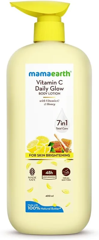 Mamaearth Vitamin C Daily Glow Body Lotion For Skin Brightening with Vitamin C & Honey 400ml|Nourishes Dry Skin|48 H Moisturization| 100% Natural Butter | Non-Greasy Smooth Skin | For All Skin Types