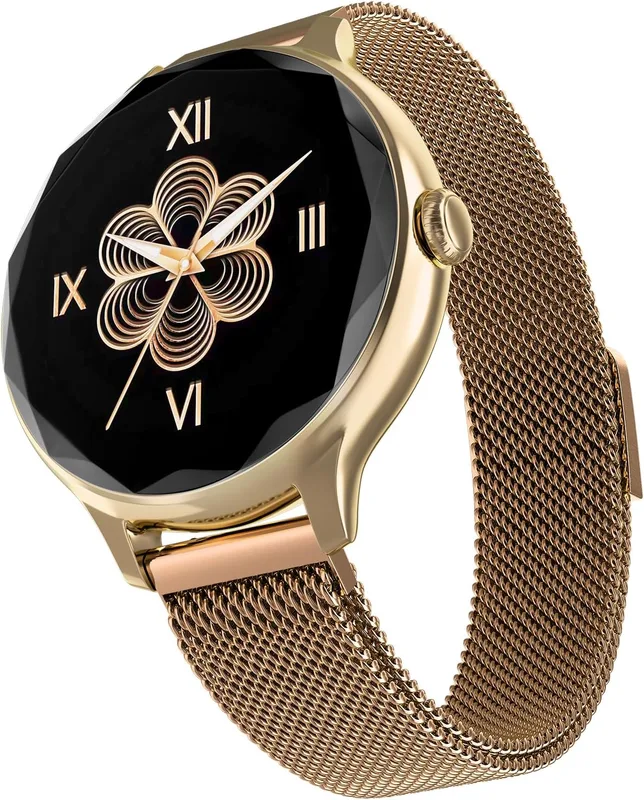 Noise Diva (Smartchoice) Smartwatch with Diamond Cut dial, Glossy Metallic Finish, AMOLED Display, Mesh Metal and Leather Strap Options, Female Cycle Tracker smart Watch for Women (Gold Link)