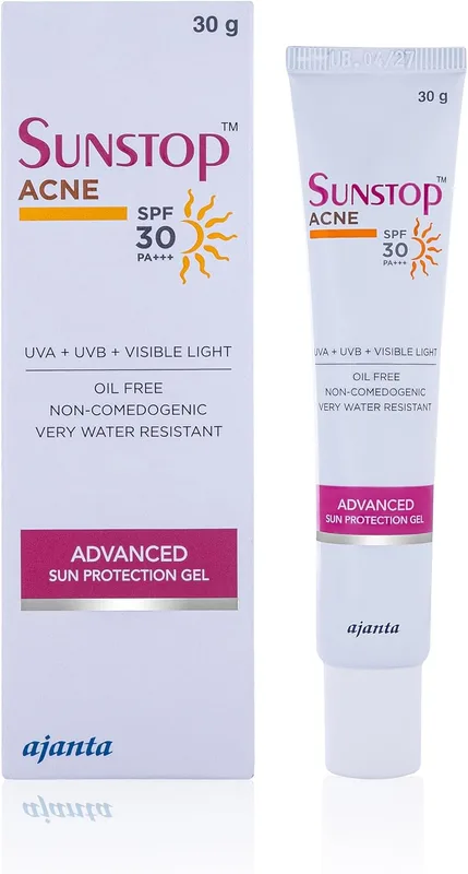 SUNSTOP Acne Gel SPF – Matte-Finish, Oil-Control Sunscreen for Oily/Acne-Prone Skin (Titanium Dioxide, Tinosorb S) – Non-Comedogenic, Travel-Size Protection – 30gm