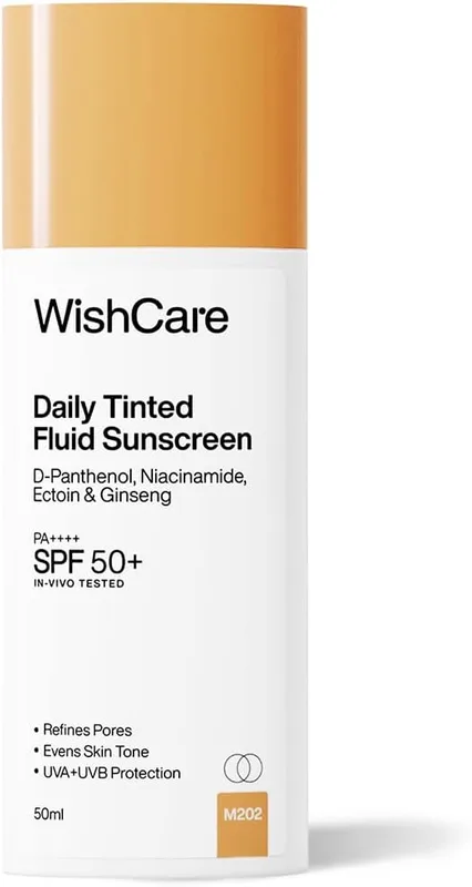 WishCare Daily Fluid Tinted Sunscreen SPF50 PA++++| M202 | Broad Spectrum Protection for all skin types | In-Vivo Tested Tinted Sun Screen | D-Panthenol, Niacinamide, Ectoin & Ginseng | Evens & Protects | 50ml
