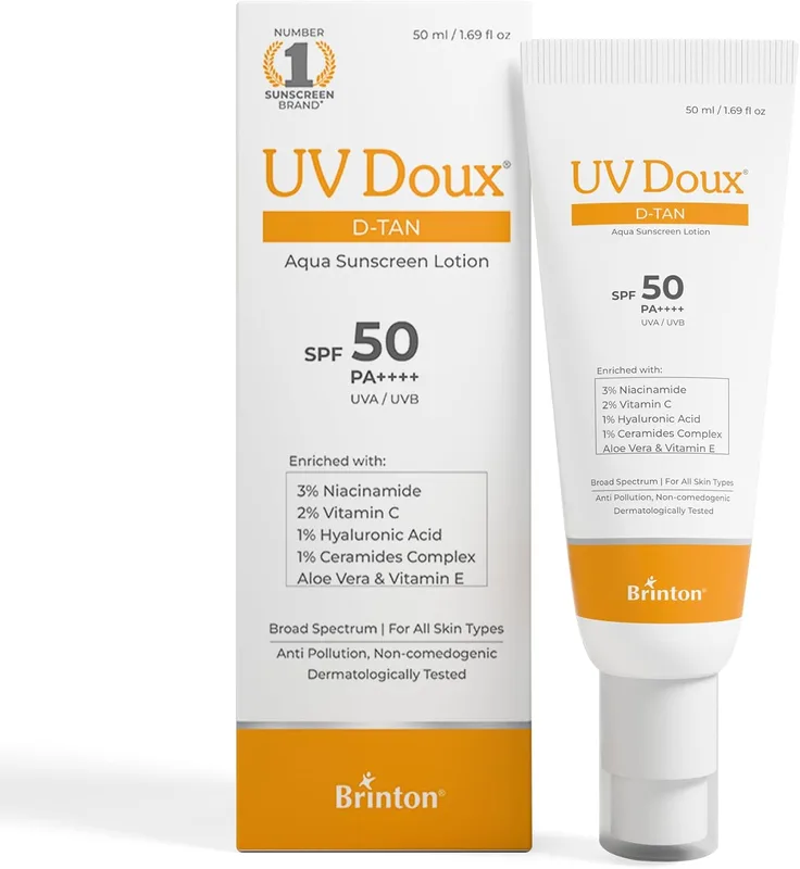 UV Doux D-Tan Aqua Sunscreen Lotion SPF 50 PA++++ | With Niacinamide, Vitamin C, Hyaluronic Acid, Ceramide, Aloe Vera & Vitamin E | Broad Spectrum | Benzene-Free | For Dry & Sensitive Skin | 50 ml
