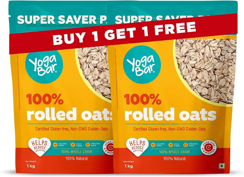 Yogabar 100% Rolled Oats 2 kg (1 Kg Pack of 2 Pouch) | Gluten-Free, High-Fibre Wholegrain Oats | Nutritious Breakfast Cereal, Easy-to-Cook