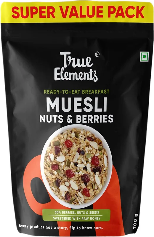 True Elements Muesli Nuts & Berries 700g - With 14% Millets, Almonds & Cranberries | Muesli Nuts Delight | Breakfast Cereal | 100% Wholegrain