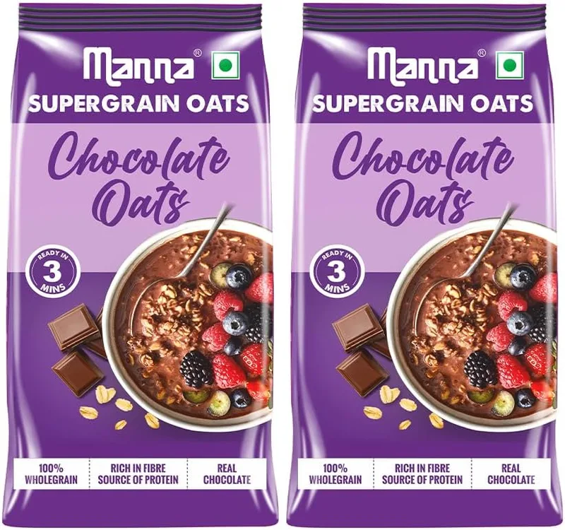 Manna Chocolate Oats. 900g High Protein & Fibre Oats with Multigrains. Real Chocolate with No added colors, flavours, preservatives. 450g (Pack of 2)