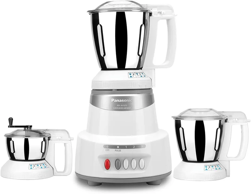 Panasonic MX-AV325 Mixer Grinder 1500W (Max Motor Lock Wattage) 3 Jars|Heavy Duty Motor|Stainless Steel Jars|Double Safety Locking System|3 Speed Control|5 Years Motor Warranty| Silver