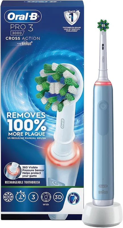 Oral-B Pro 3 Rechargeable Rotating Electric Toothbrush for Adults, 3 Cleaning Modes with Pressure Sensor, 2 Min Timer with Quadpacer, 2 Year Warranty by Oral B, IPX7 Water Resistant, Round Brush Head