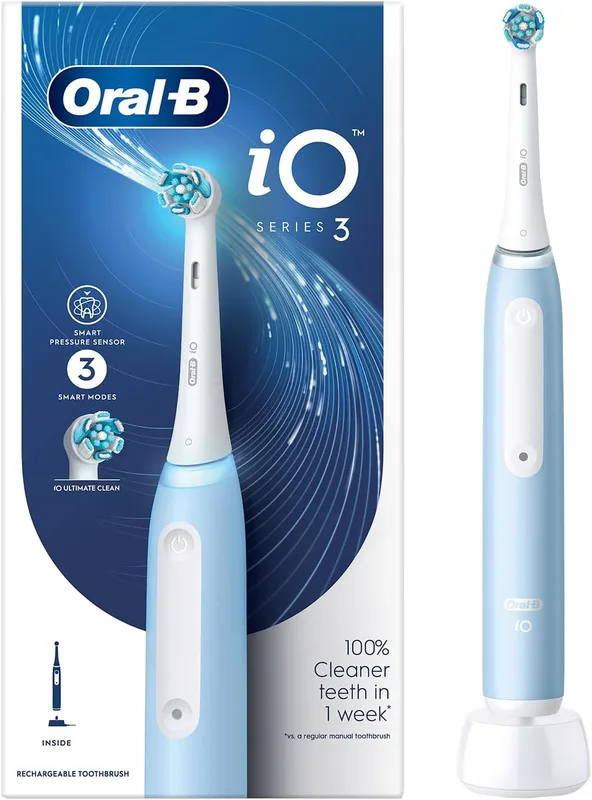Oral-B iO3 Ultimate Electric Toothbrush, 3 Smart Modes, Pressure Sensor,2 Year Warranty by Oral B, IPX7 Waterproof, Round Brush Head (Ice Blue), Adult