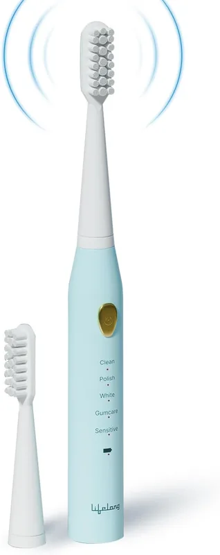 Lifelong Rechargeable Toothbrush for Adults - Smart Brush with 5 Cleaning Modes & Smart Auto Shut-Off - Electronic Toothbrush with 2 Electric Heads,500mAh Long-Lasting Battery (Blue,LLDC144)