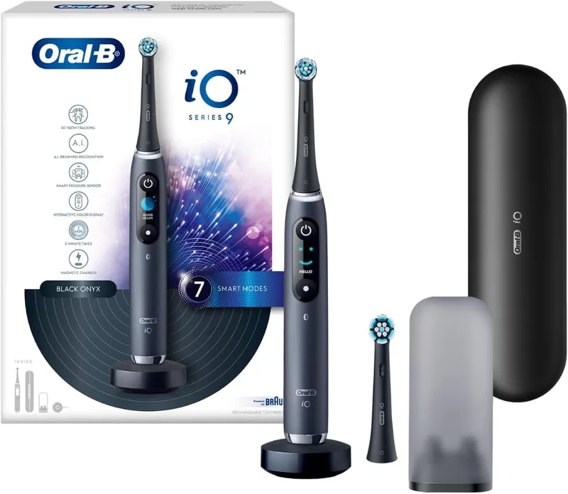 Oral-B iO9 Ultimate Electric Toothbrush, 7 Smart Modes, Pressure Sensor, Interactive Display & AI Personalization, 3hr Quick Charge, 2 Year Warranty by Oral B, IPX7, refill holder,Adult,Black