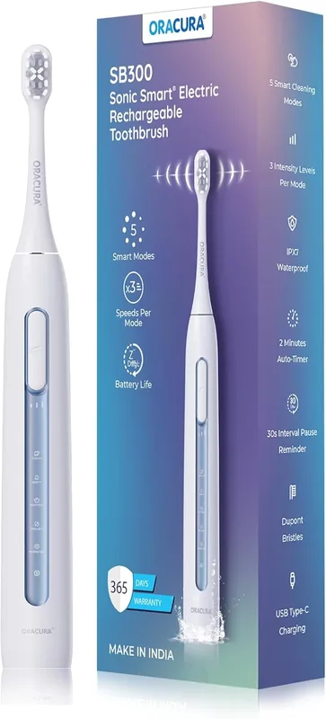 ORACURA® SB300 Electric Rechargeable Toothbrush | Blue | 365 Days Warranty | 36,000 strokes/min | With 5 Modes & 3 Intensity Levels | 2 Minutes Auto-Timer | 90 Days Battery Life