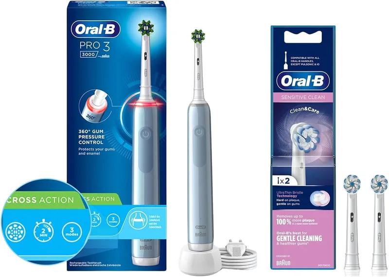 Oral-B Pro 3 Electric Toothbrush, Rechargeable, Charger Included, 3 Pressure Modes for Adults & ORIGINAL Sensitive Electric Toothbrush Soft Replacement Brush Heads, 2 refills,Multi Color