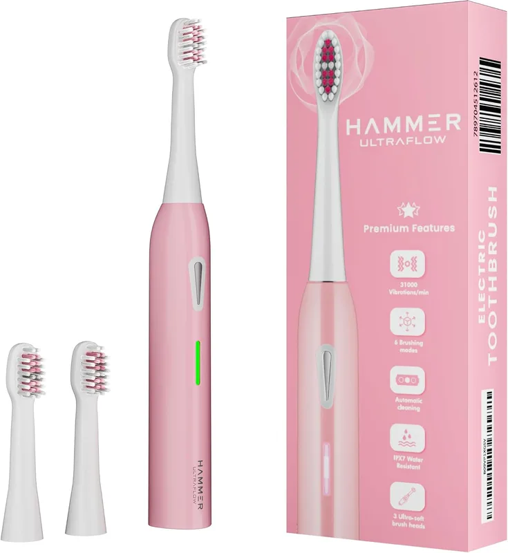 Hammer Ultra Flow Electric Toothbrush and 3 Replaceable Brush Heads for Men and Women, 6 Brushing Modes, Rechargeable Battery, Waterproof, 31000 Strokes per Minute, Super-Soft Bristles, Electric Toothbrush (Pink)
