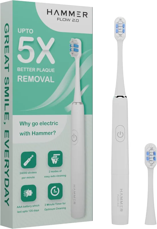HAMMER Flow 2.0 Electric Toothbrush And 2 Replaceable Adult Brush Heads For Men And Women, 2 Brushing Modes, Aaa Battery, Waterproof, Super-Soft Bristles, Electric Brush(White), 1 Count