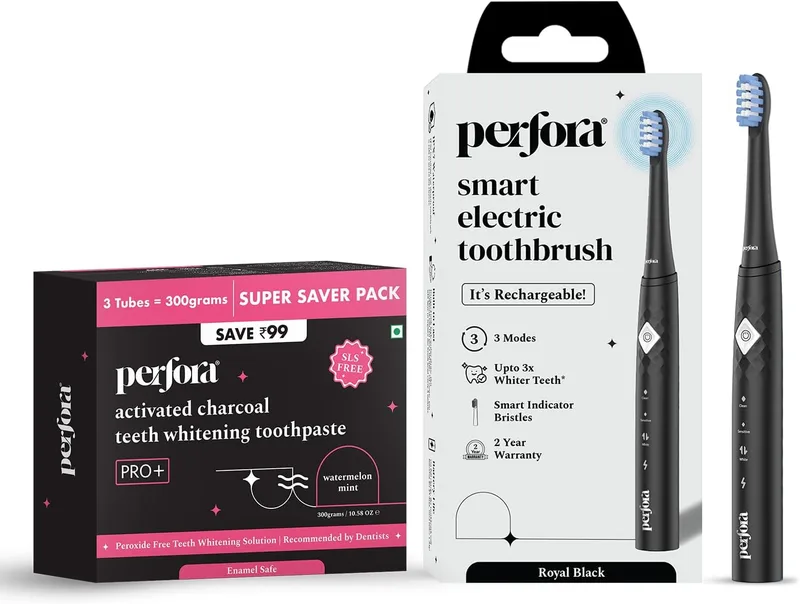 Perfora Rechargeable Electric Toothbrush For Men, Women & Kids & Charcoal Toothpaste (Pack of 3 Prekitted) - Combo| 3 Brush Heads | 2 Year Warranty | Enamel Safe Teeth Whitening Toothpaste - Black