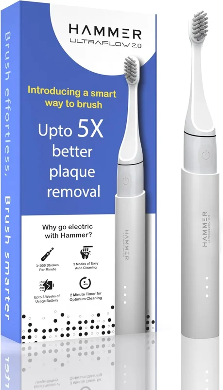 HAMMER Ultra Flow 2.0 Electric Toothbrush And 2 Replaceable Brush Heads For Men And Women, 3 Brushing Modes, Rechargeable Battery, Waterproof, Super-Soft Bristles, Electric Toothbrush (White) - Adult