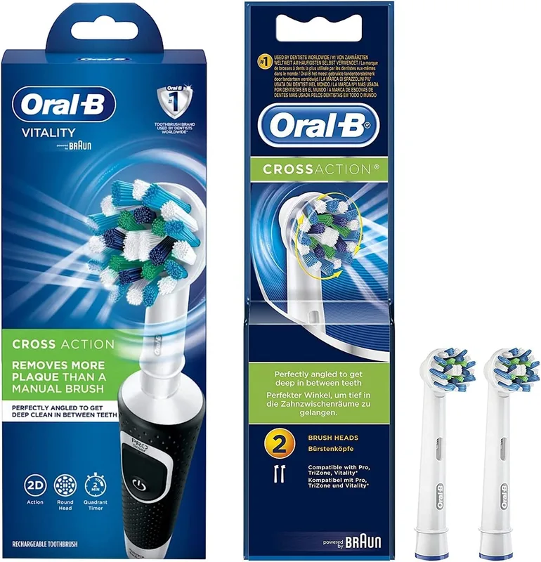Oral B Vitality 100 Black Criss Cross Electric Rechargeable Toothbrush Powered by Braun & Oral B Cross Action Toothbrush Heads Pack Of 2 Replacement Refills For Electric Rechargeable - Oral Care Combo