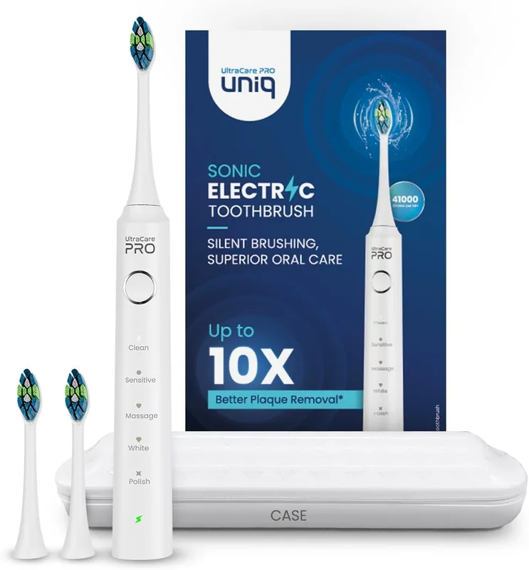 UltraCare PRO UNIQ SONIC Toothbrush For Adults - 1 Year Warranty - 3 Brush Heads - 5 Brushing Modes - Rechargeable - 41,000 Strokes/min - IPX7 Water Proof - QUAD change reminders - 2min Autoshut OFF